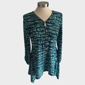 Chaus New York Womens Medium Green Black Top Long Sleeve with Zipper